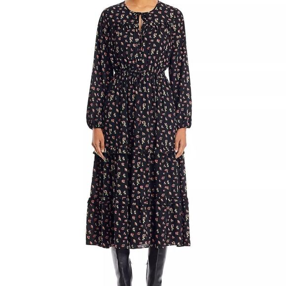 T Tahari Notch Neck Tiered Midi Long Sleeved Women’s Floral Dress Size Large - Picture 2 of 6